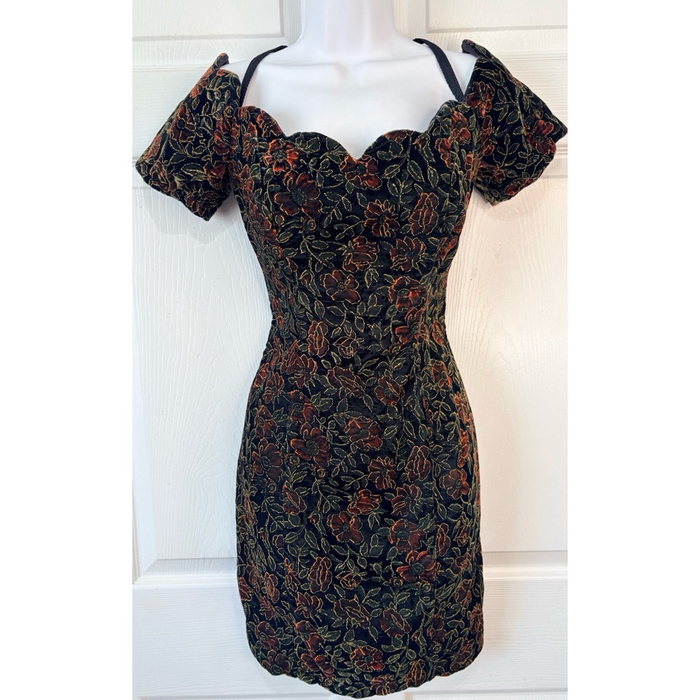 90s RAMPAGE Velvet Floral Gold Glitter off the Shoulder GlamCocktail Dress~ 6